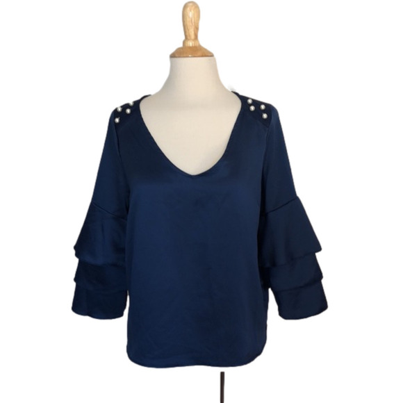 𝅺URBAN ROMANTICS Women's Medium Deep Blue Satin Crop Top w/ Bell Sleeves Boho - Picture 1 of 7